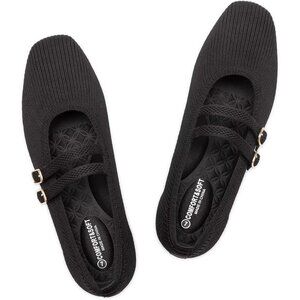 Frank Mully Women's Black Fabric Square Toe Mary Jane Ballet Flats with Strap